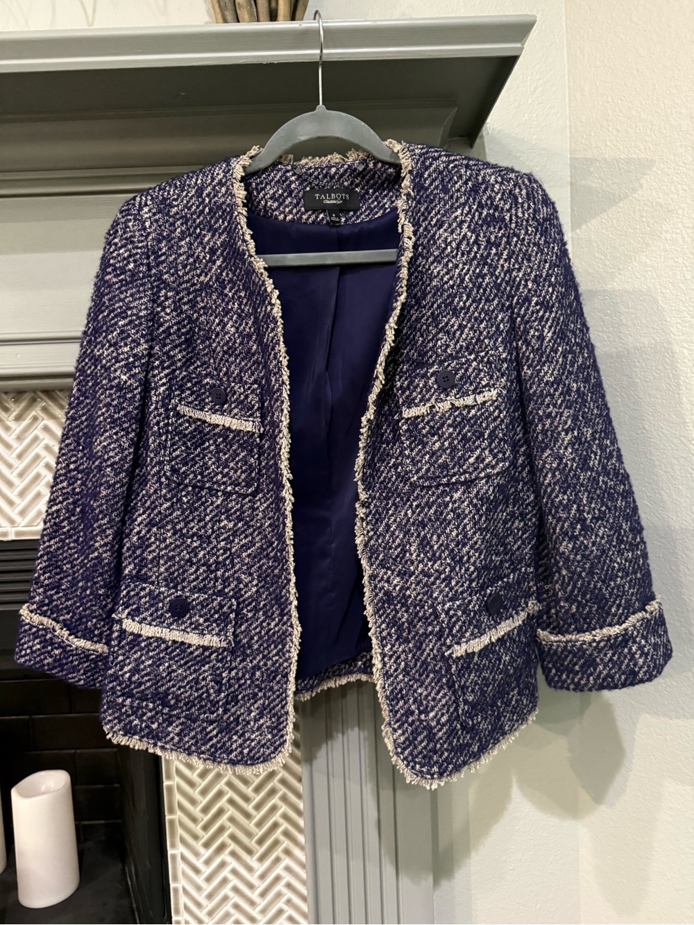 Talbots Navy and Cream Tweed Fringed-Trim Jacket